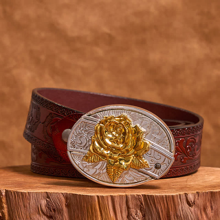 Cintura in pelle fai da te da uomo con coltello pieghevole nascosto in oro e argento rosa - Rosa - Cintura marrone intagliata - 42 - image 7