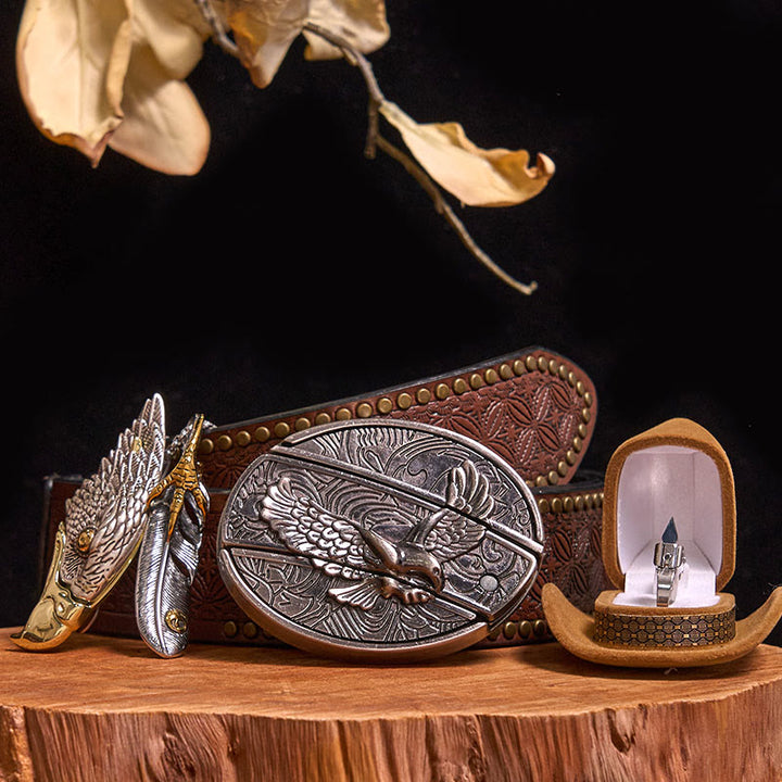 Set di anelli con fibbia per cintura con coltello nascosto e ciondolo a forma di aquila calva fai da te - Aquila - Cintura con rivetti marroni - 42 - image 5