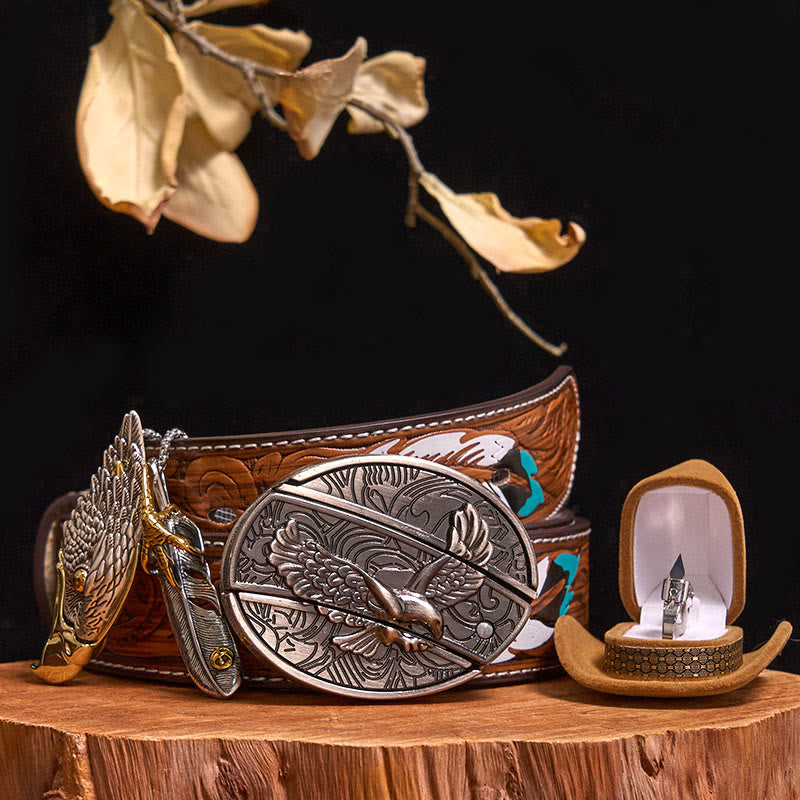 Set di anelli con fibbia per cintura con coltello nascosto e ciondolo a forma di aquila calva fai da te - Aquila - Cintura di piume marroni - 40 - image 8