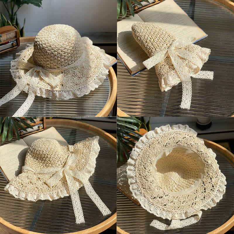 Cappello di paglia pieghevole estivo con bordo in pizzo e fiocco cavo da donna - image 2