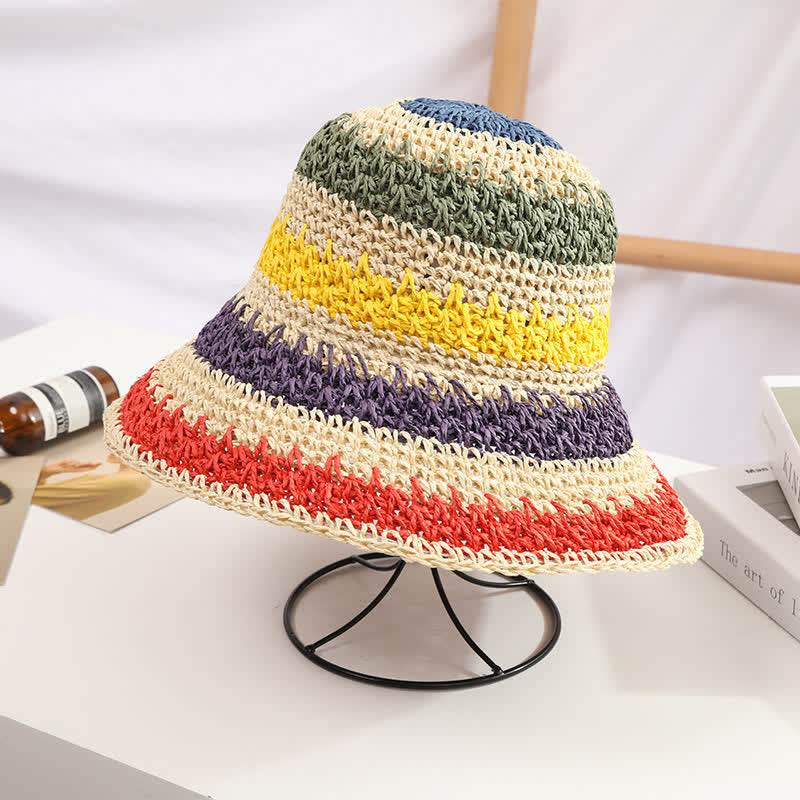 Cappello di paglia pieghevole arcobaleno colorato in stile boho da donna - Avorio - Misura M (22"-22 7/8") - image 0