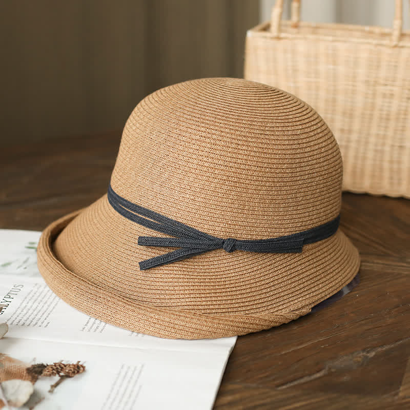 Cappello di paglia pieghevole con tesa arrotolata in stile semplice da donna - Cammello scuro - Misura M (22"-22 7/8") - image 0