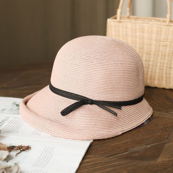 Cappello di paglia pieghevole con tesa arrotolata in stile semplice da donna - Rosa - Misura M (22"-22 7/8") - image 6