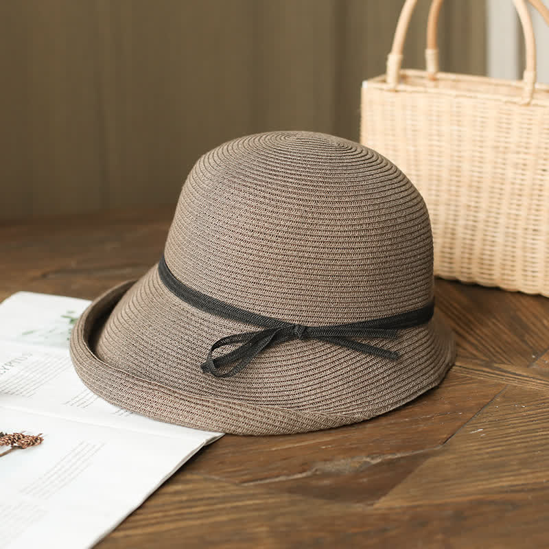 Cappello di paglia pieghevole con tesa arrotolata in stile semplice da donna - Caffè grigio - Misura M (22"-22 7/8") - image 7