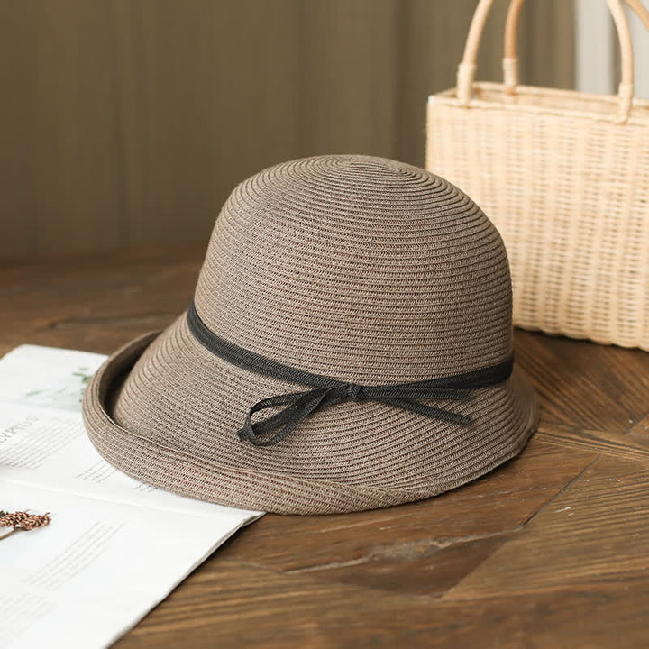 Cappello di paglia pieghevole con tesa arrotolata in stile semplice da donna - Caffè grigio - Misura M (22"-22 7/8") - image 7