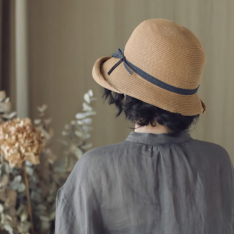 Cappello di paglia pieghevole con tesa arrotolata in stile semplice da donna - image 1