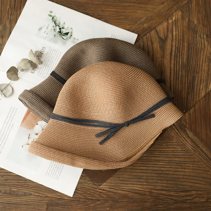 Cappello di paglia pieghevole con tesa arrotolata in stile semplice da donna - image 3