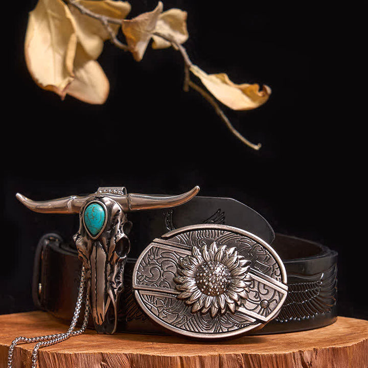 Pratico set di ciondoli fai da te con fibbia per coltello nascosto turchese e toro dalle lunghe corna - Girasole - Cintura con aquila in rilievo nera - 40 - image 0