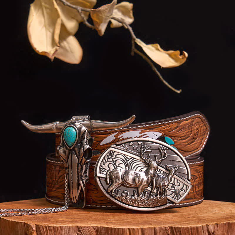 Pratico set di ciondoli fai da te con fibbia per coltello nascosto turchese e toro dalle lunghe corna - Cervi doppi - Cintura di piume marroni - 40 - image 15