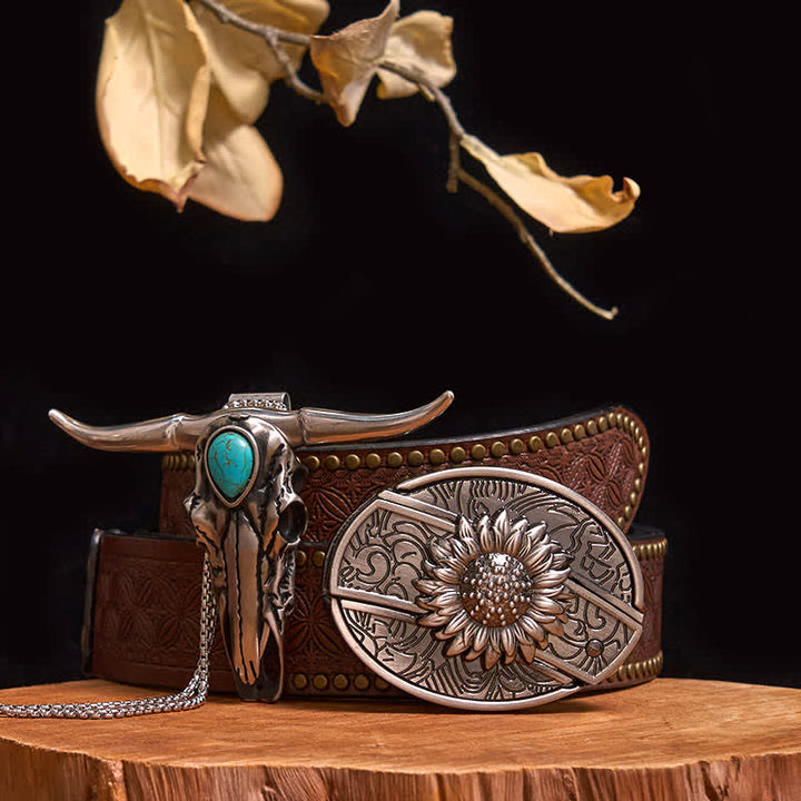 Pratico set di ciondoli fai da te con fibbia per coltello nascosto turchese e toro dalle lunghe corna - Girasole - Cintura con rivetti marroni - 40 - image 5