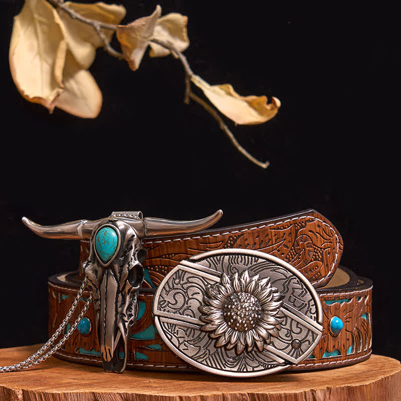Pratico set di ciondoli fai da te con fibbia per coltello nascosto turchese e toro dalle lunghe corna - Girasole - Cintura intagliata turchese - 40 - image 4