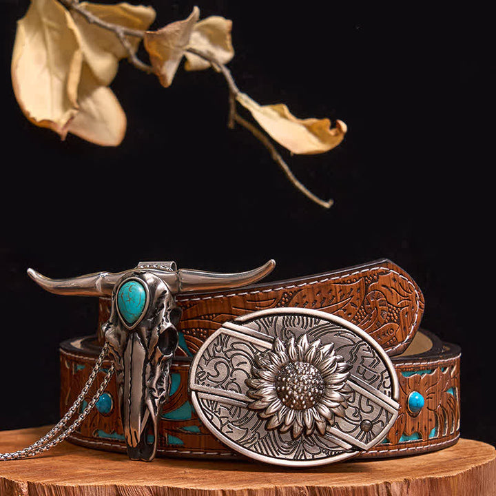 Pratico set di ciondoli fai da te con fibbia per coltello nascosto turchese e toro dalle lunghe corna - Girasole - Cintura intagliata turchese - 40 - image 4