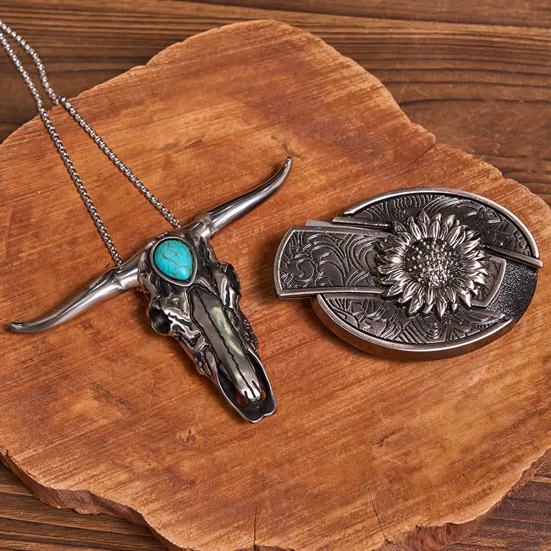 Pratico set di ciondoli fai da te con fibbia per coltello nascosto turchese e toro dalle lunghe corna - Girasole - Senza cintura - Cintura non inclusa - image 1