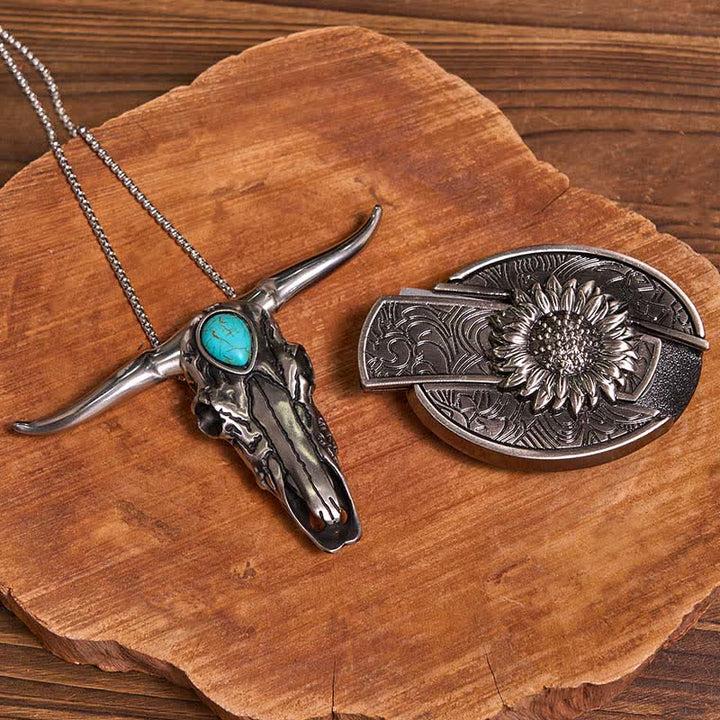 Pratico set di ciondoli fai da te con fibbia per coltello nascosto turchese e toro dalle lunghe corna - Girasole - Senza cintura - Cintura non inclusa - image 1