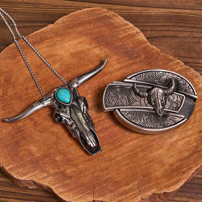Pratico set di ciondoli fai da te con fibbia per coltello nascosto turchese e toro dalle lunghe corna - Toro - Senza cintura - Cintura non inclusa - image 23