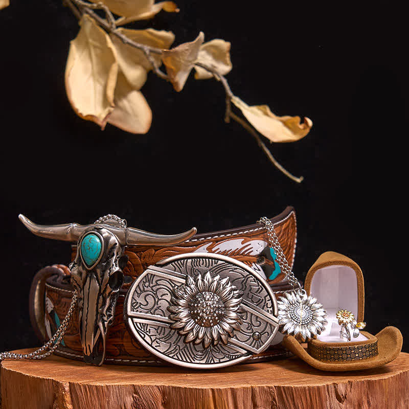 Set di ciondoli a forma di toro turchese con fibbia per cintura fai da te con coltello nascosto a tema girasole - Girasole - Cintura di piume marroni - 40 - image 10