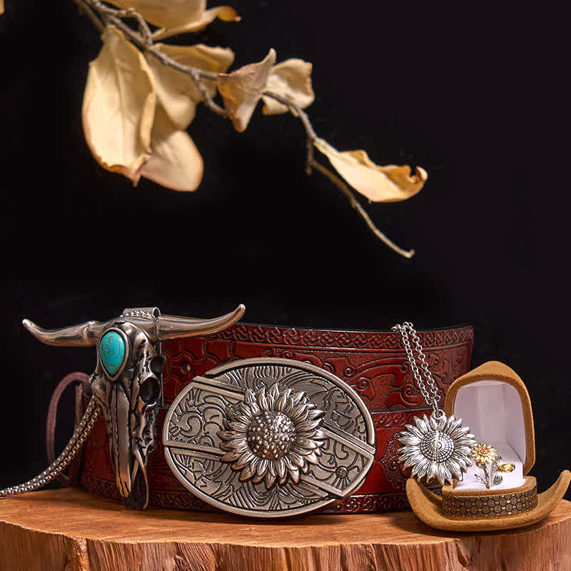 Set di ciondoli a forma di toro turchese con fibbia per cintura fai da te con coltello nascosto a tema girasole - Girasole - Cintura marrone intagliata - 42 - image 9