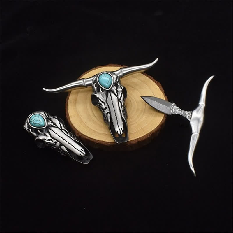 Fibbia per cintura con ciondolo multifunzione EDC turchese a forma di teschio Longhorn - Argento - image 0