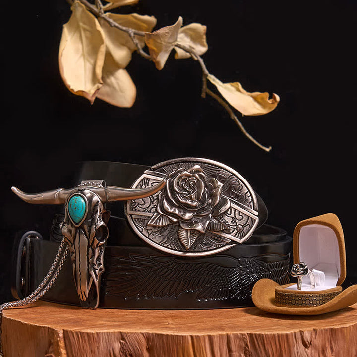 Set di ciondoli a forma di toro turchese con fibbia per cintura fai da te con coltello nascosto a tema rosa - Rosa - Cintura con aquila in rilievo nera - 42 - image 0