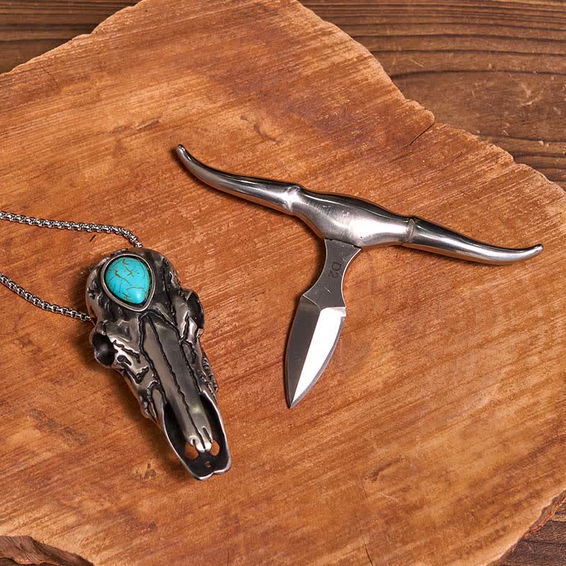 Set di collana con ciondolo a forma di toro turchese, fibbia per cintura con coltello nascosto fai da te - image 4