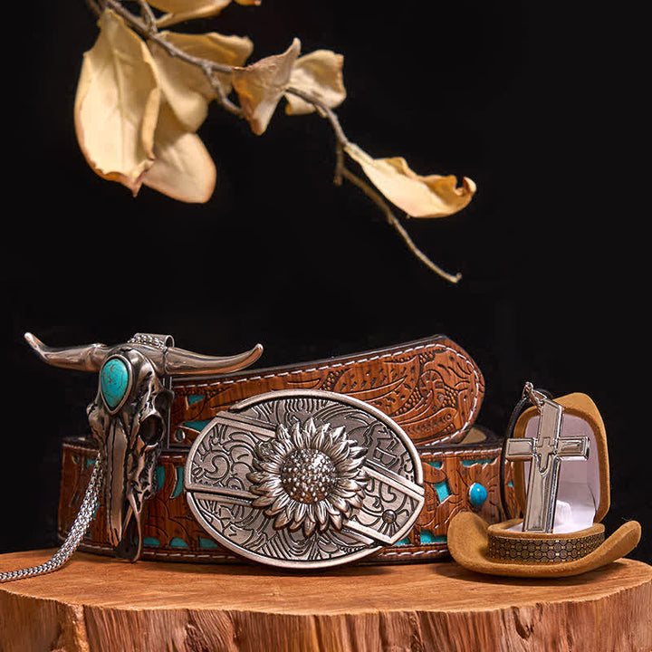 Set di collana con ciondolo a forma di toro turchese, fibbia per cintura con coltello nascosto fai da te - Girasole - Cintura intagliata turchese - 42 - image 8