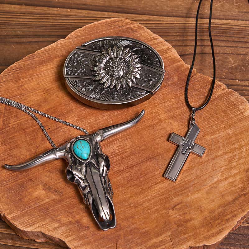 Set di collana con ciondolo a forma di toro turchese, fibbia per cintura con coltello nascosto fai da te - image 2