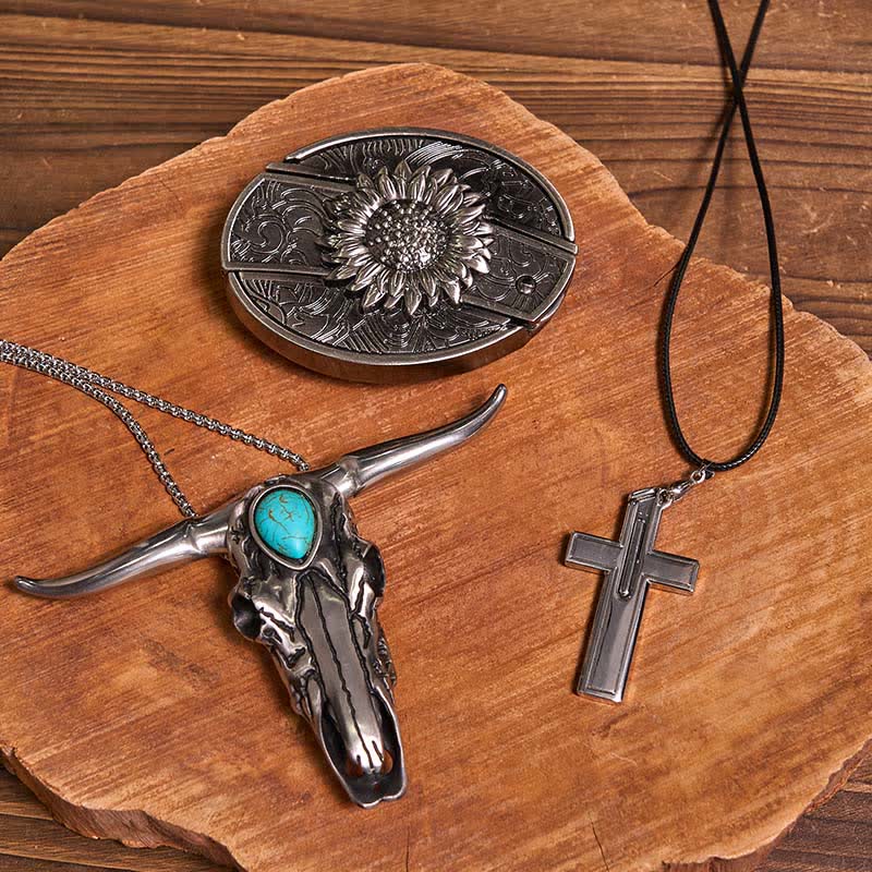 Set di collana con ciondolo a forma di toro turchese, fibbia per cintura con coltello nascosto fai da te - Girasole - Senza cintura - Cintura non inclusa - image 1
