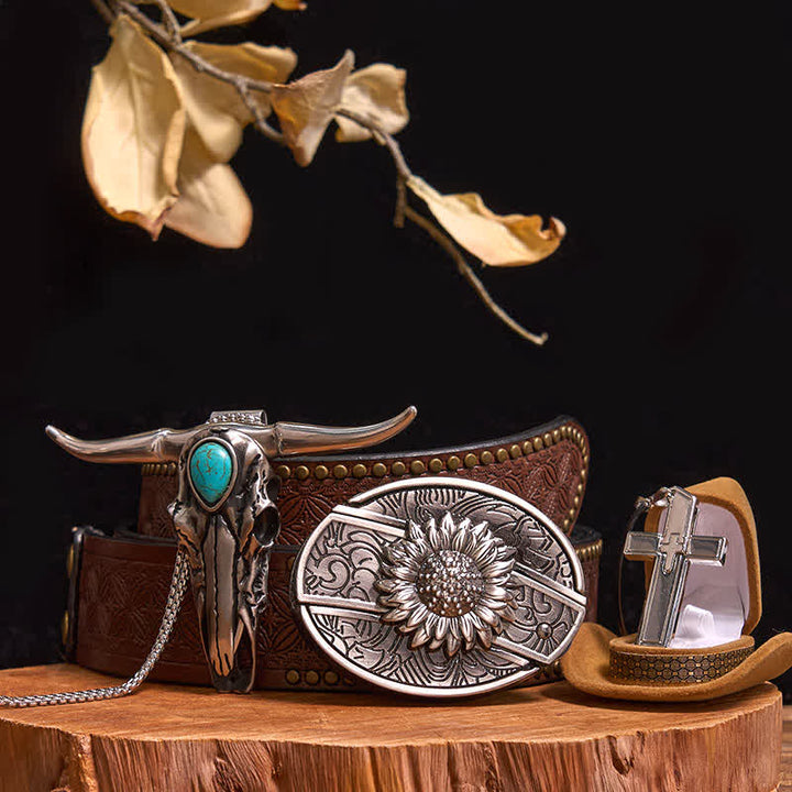 Set di collana con ciondolo a forma di toro turchese, fibbia per cintura con coltello nascosto fai da te - Girasole - Cintura con rivetti marroni - 42 - image 9