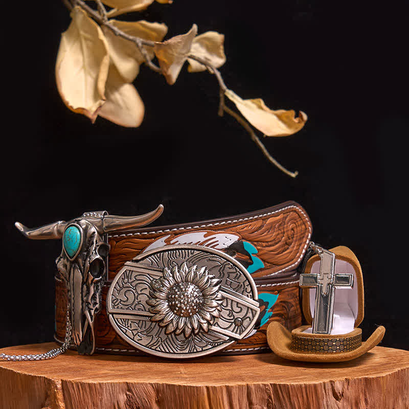 Set di collana con ciondolo a forma di toro turchese, fibbia per cintura con coltello nascosto fai da te - Girasole - Cintura di piume marroni - 40 - image 11