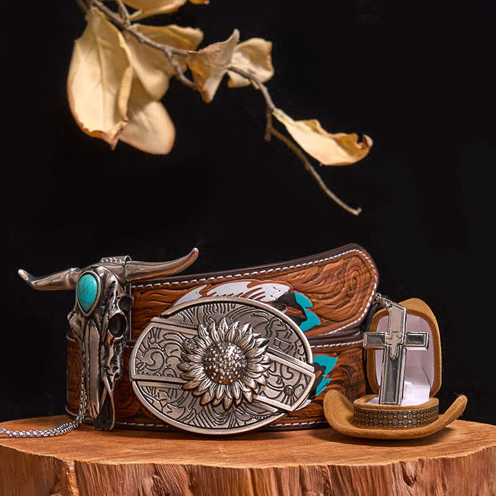 Set di collana con ciondolo a forma di toro turchese, fibbia per cintura con coltello nascosto fai da te - Girasole - Cintura di piume marroni - 40 - image 11