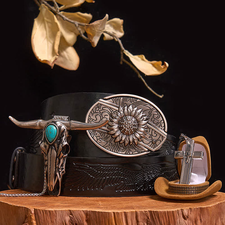 Set di collana con ciondolo a forma di toro turchese, fibbia per cintura con coltello nascosto fai da te - Girasole - Cintura con aquila in rilievo nera - 42 - image 7