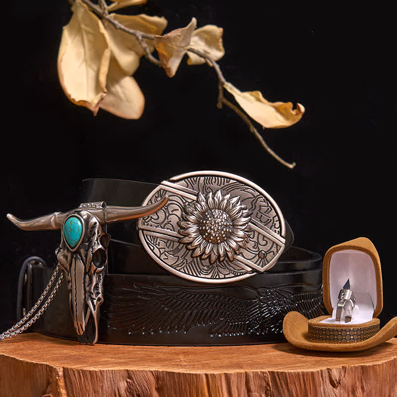 Set di anelli con ciondolo a forma di toro turchese con fibbia per cintura con coltello nascosto fai da te - Girasole - Cintura con aquila in rilievo nera - 40 - image 0