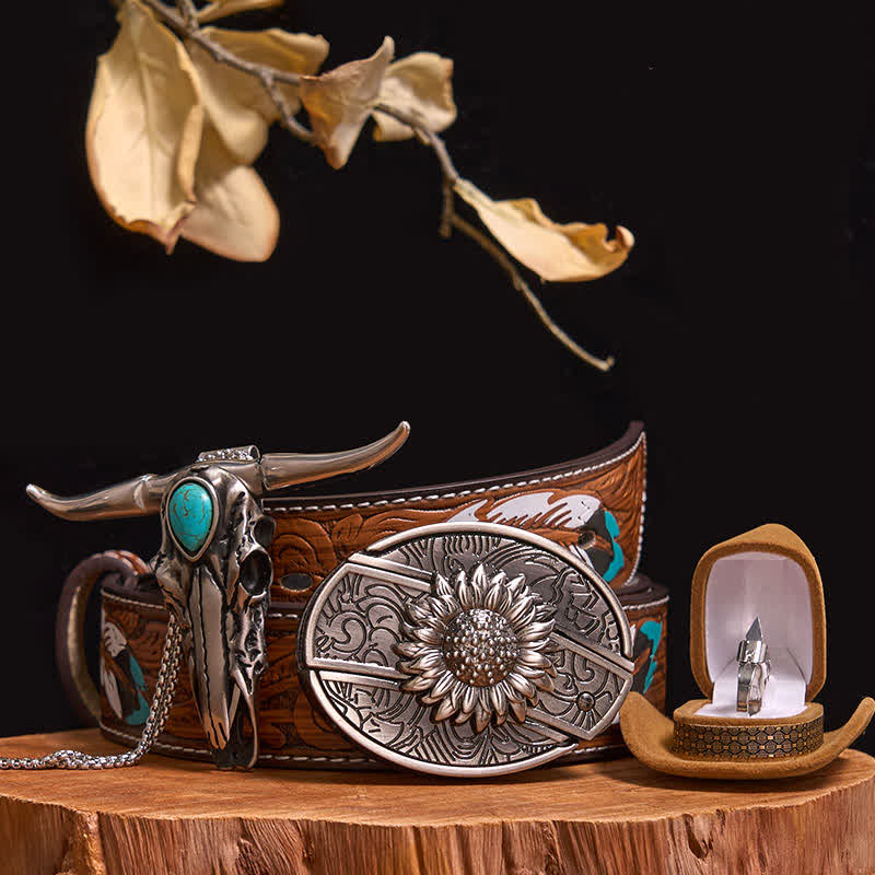 Set di anelli con ciondolo a forma di toro turchese con fibbia per cintura con coltello nascosto fai da te - Girasole - Cintura di piume marroni - 40 - image 10