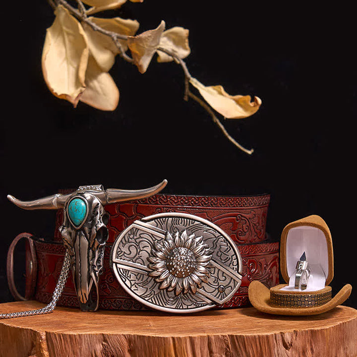 Set di anelli con ciondolo a forma di toro turchese con fibbia per cintura con coltello nascosto fai da te - Girasole - Cintura marrone intagliata - 40 - image 9