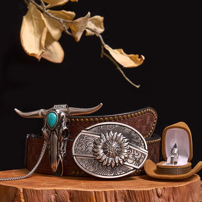 Set di anelli con ciondolo a forma di toro turchese con fibbia per cintura con coltello nascosto fai da te - Girasole - Cintura con rivetti marroni - 40 - image 7