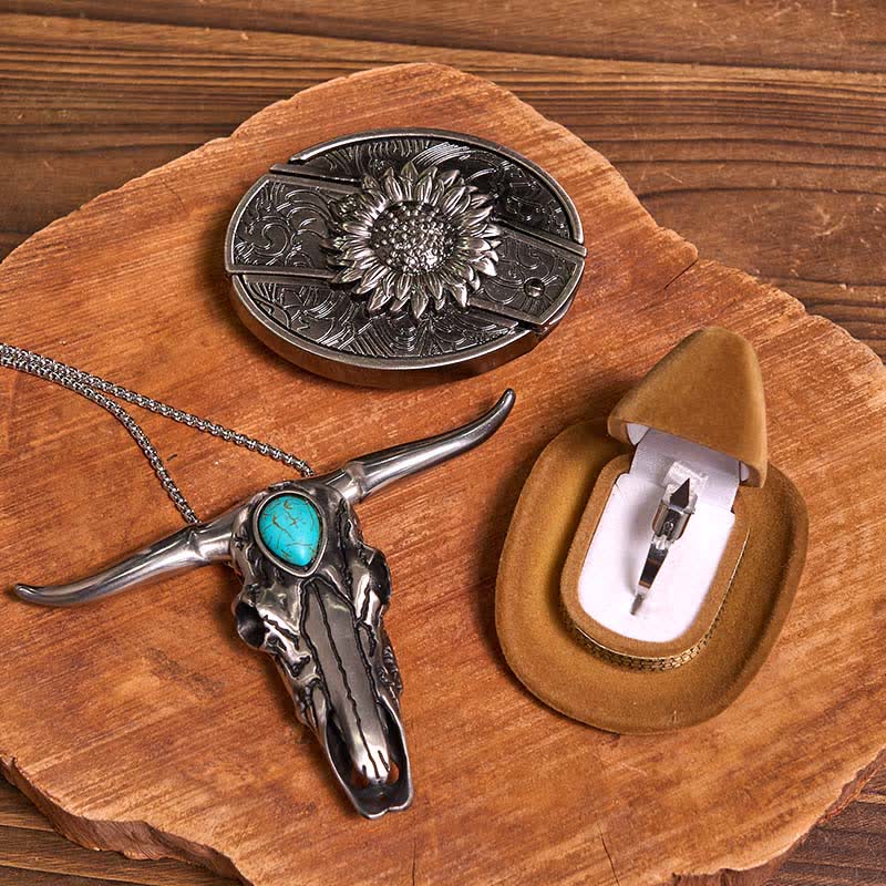 Set di anelli con ciondolo a forma di toro turchese con fibbia per cintura con coltello nascosto fai da te - Girasole - Senza cintura - Cintura non inclusa - image 1