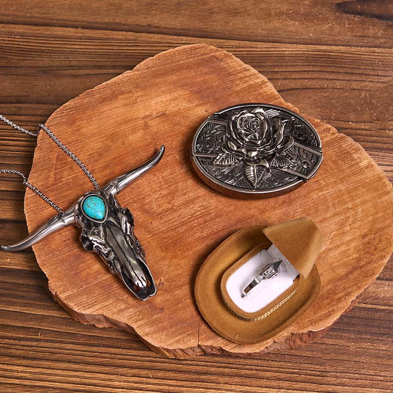 Set di anelli con ciondolo a forma di toro turchese con fibbia per cintura con coltello nascosto fai da te - Rosa - Senza cintura - Cintura non inclusa - image 18