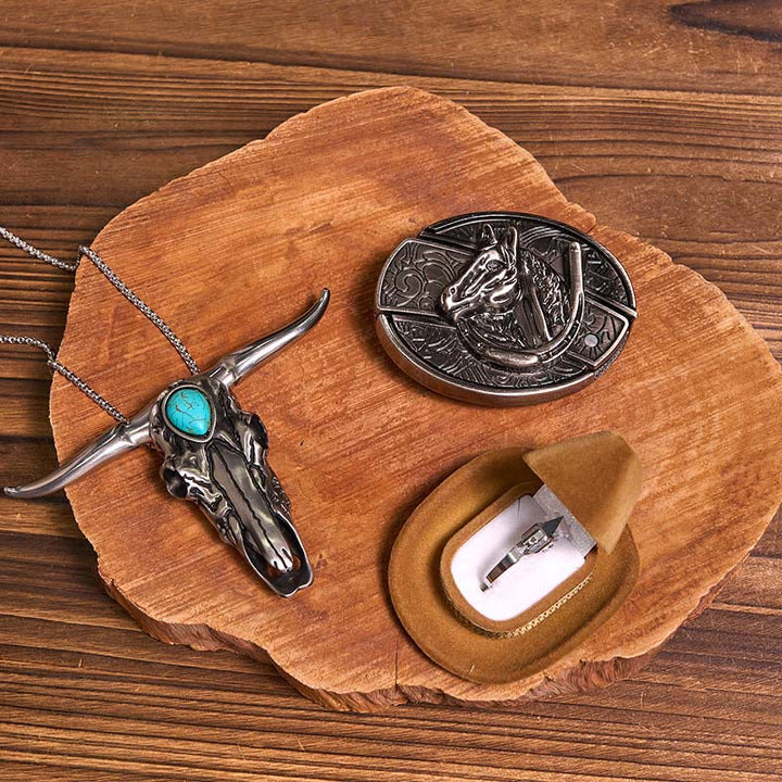 Set di anelli con ciondolo a forma di toro turchese con fibbia per cintura con coltello nascosto fai da te - Testa di cavallo - Senza cintura - Cintura non inclusa - image 11