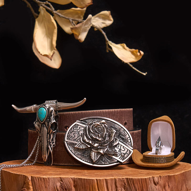 Set di anelli con ciondolo a forma di toro turchese con fibbia per cintura con coltello nascosto fai da te - Rosa - Cintura marrone anticata - 40 - image 22