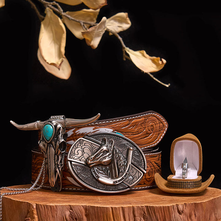 Set di anelli con ciondolo a forma di toro turchese con fibbia per cintura con coltello nascosto fai da te - Testa di cavallo - Cintura di piume marroni - 40 - image 17