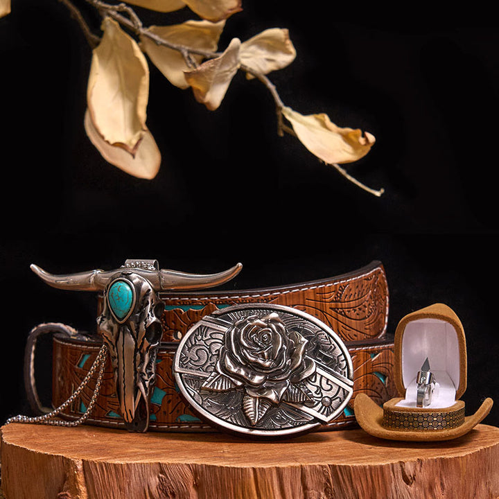 Set di anelli con ciondolo a forma di toro turchese con fibbia per cintura con coltello nascosto fai da te - Rosa - Cintura intagliata turchese - 40 - image 20