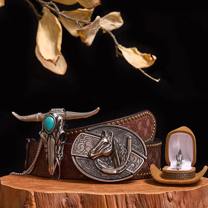 Set di anelli con ciondolo a forma di toro turchese con fibbia per cintura con coltello nascosto fai da te - Testa di cavallo - Cintura con rivetti marroni - 40 - image 14