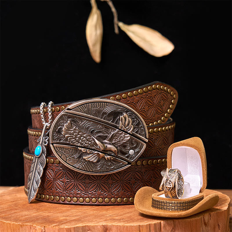 Set di fibbie per cintura fai da te con coltello nascosto Eagle e anello con piuma - Aquila e piuma - Cintura con rivetti marroni - 42 - image 8