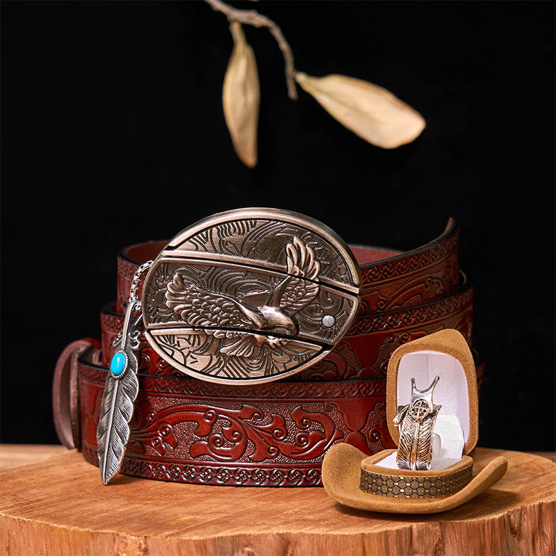 Set di fibbie per cintura fai da te con coltello nascosto Eagle e anello con piuma - Aquila e piuma - Cintura marrone intagliata - 42 - image 10