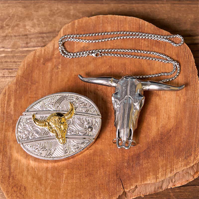 Set di ciondoli a forma di toro longhorn con fibbia per cintura fai da te in oro e argento con coltello nascosto - Toro - Senza cintura - Cintura non inclusa - image 1