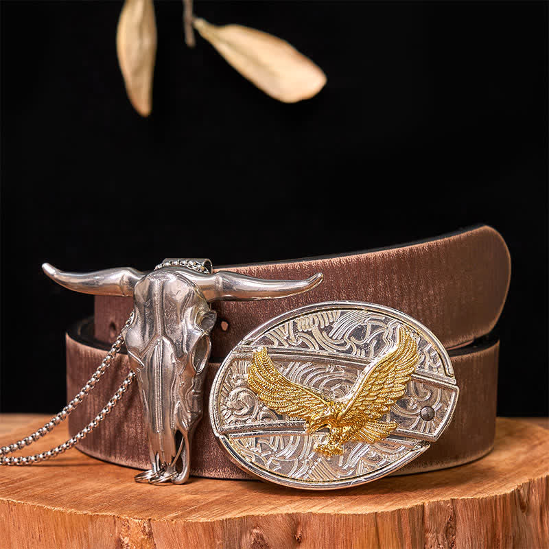 Set di ciondoli a forma di toro longhorn con fibbia per cintura fai da te in oro e argento con coltello nascosto - Aquila - Cintura marrone anticata - 42 - image 32