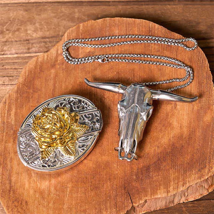 Set di ciondoli a forma di toro longhorn con fibbia per cintura fai da te in oro e argento con coltello nascosto - Rosa - Senza cintura - Cintura non inclusa - image 17