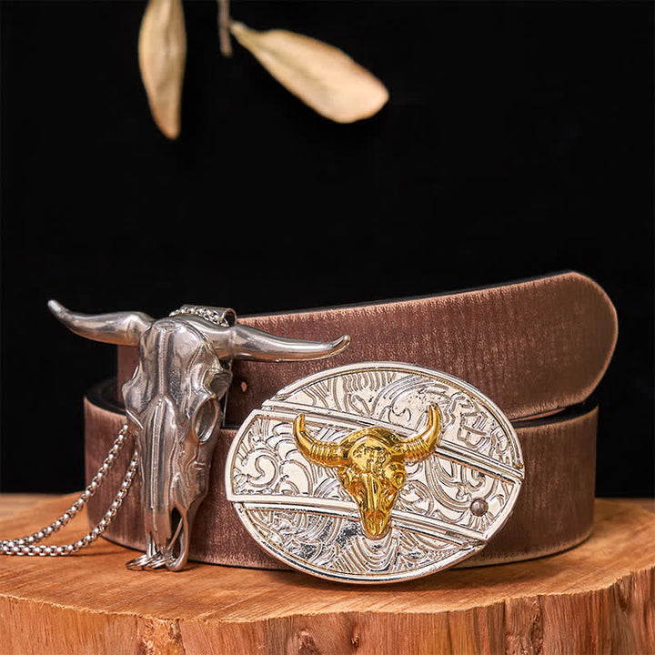 Set di ciondoli a forma di toro longhorn con fibbia per cintura fai da te in oro e argento con coltello nascosto - Toro - Cintura marrone anticata - 42 - image 8