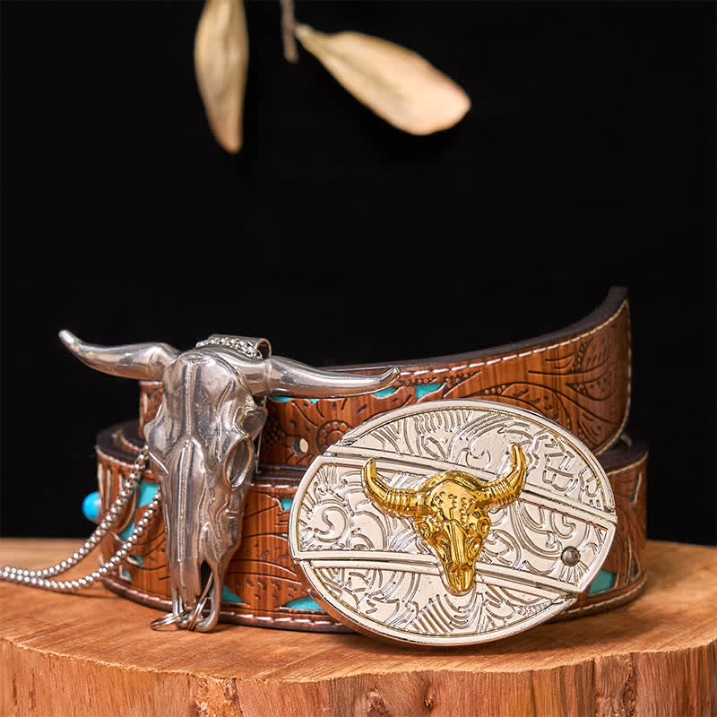 Set di ciondoli a forma di toro longhorn con fibbia per cintura fai da te in oro e argento con coltello nascosto - Toro - Cintura intagliata turchese - 42 - image 6