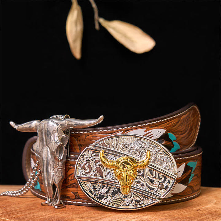 Set di ciondoli a forma di toro longhorn con fibbia per cintura fai da te in oro e argento con coltello nascosto - Toro - Cintura di piume marroni - 40 - image 0